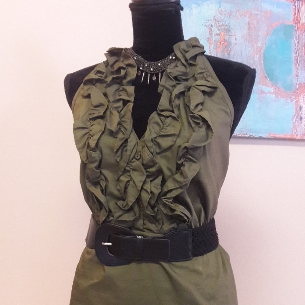 Cato/ Olive Green/ Ruffled/ Halter Top - Picture 2 of 8